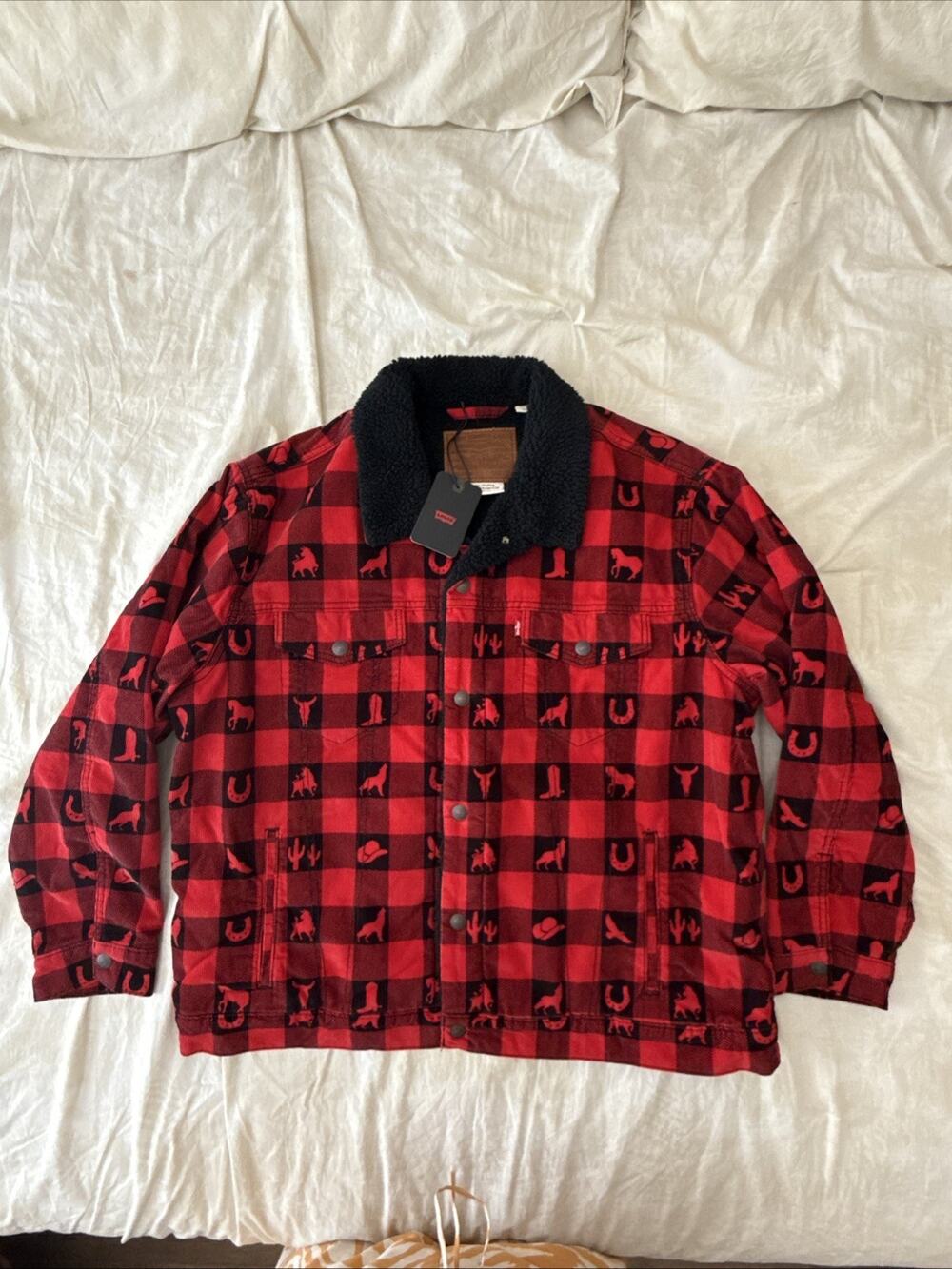 Levi’s Premium Sherpa Trucker Jacket XL Red Plaid Western Print New